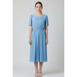 Vintage 80s Talbots Baby Blue Pleated Round Neck Short Sleeve Dress Size 12